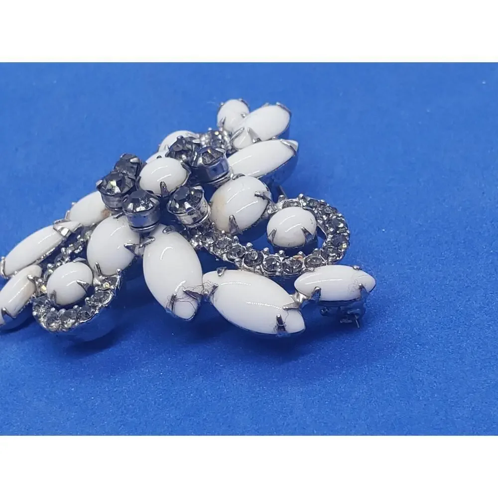 Vintage Milk Glass Rhinestone Brooch Pin White Navette Floral Swirl 1950s